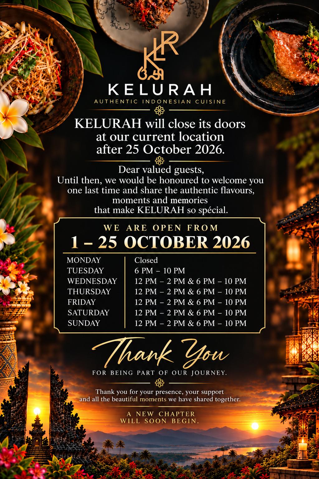 Kelurah - Closing announcement, last opening days 1-25 October 2026